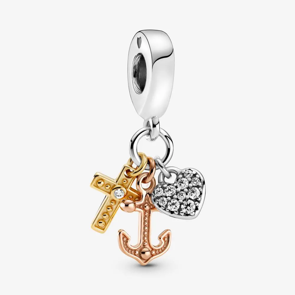 Triple-Tone Cross, Heart, & Anchor Dangle Charm 1