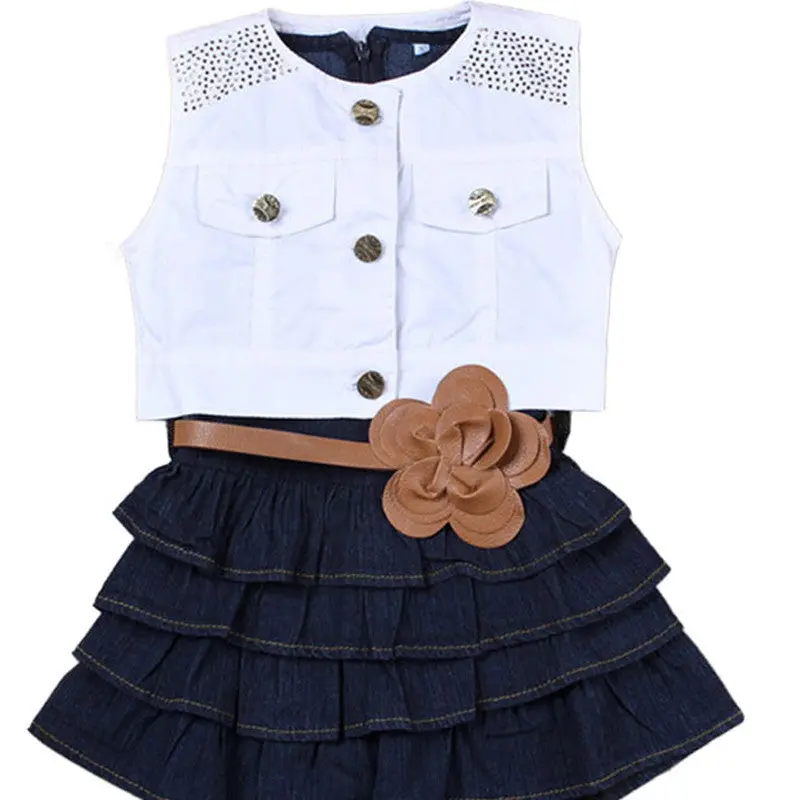 Hot Sale Girls Denim Vest Skirt Children Girls Summer Models Girls Vest Jeans Dress + Jacket 2Pc Suits 1