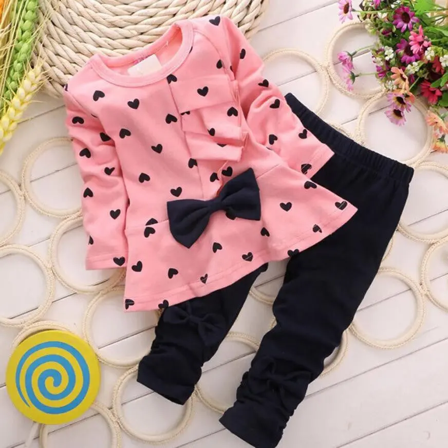 Baby Girls Clothing Sets Heart-Shaped Print Bow Cute 2Pcs Kids Set T Shirt + Pants Love Bowknot Girls Clothing Set 1