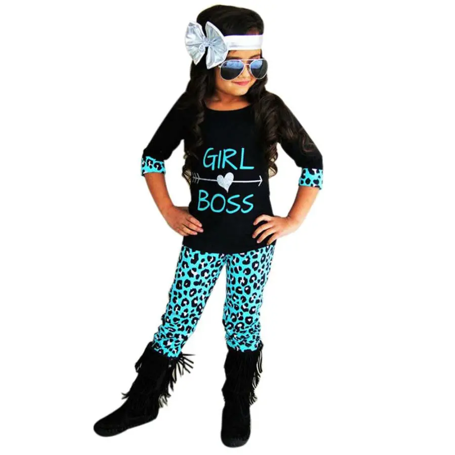 2Pcs Toddler Kids Baby Girls Outfits T-Shirt Tops Dress+ Long Pants Clothes Set Girls Printed Tee Sleeve T - Shirt Leopard Pants 1
