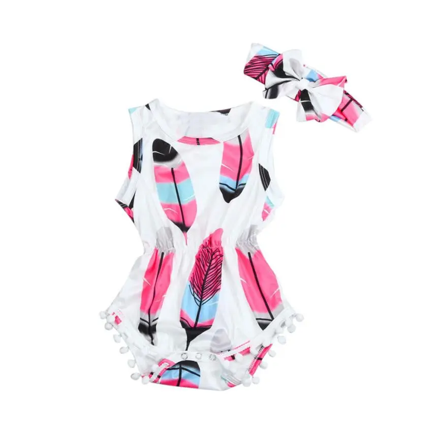 Baby Girls Romper Infant Kids Baby Girls Sleeveless Feather Romper Jumpsuit+Headband 2Pcs Set Yl 1