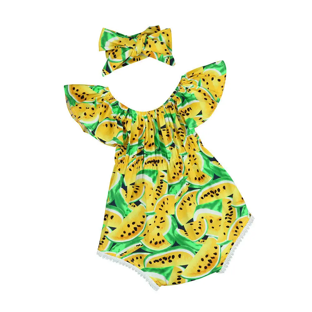 Baby Girls Set Infant Baby Girl Off Shoulder Print Romper Jumpsuit Headband Outfit Clothes Set Kids Clothes 1