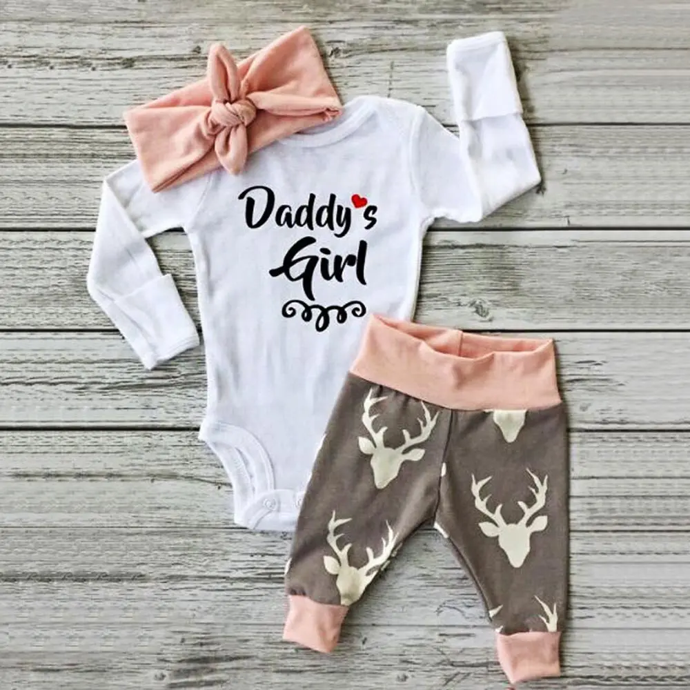 Girls 2 Piece Set Outfit Newborn Baby Girl Romper Bodysuit+Pants Hairband Clothes Outfits Set Drop Shipping 1