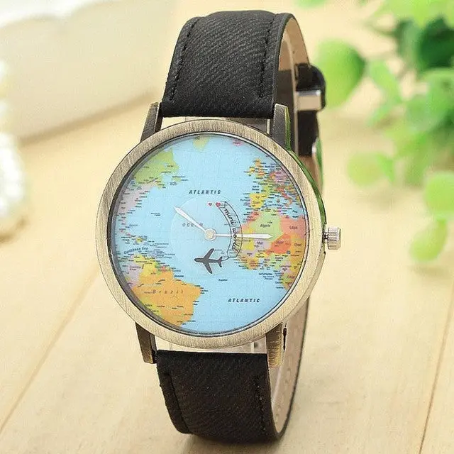 Fashion Watch Woman 2017 Pu Leather Global Travel By Plane Map Quartz Wrist Watch Women Clock Female Montre Femme 1