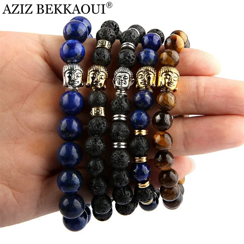 Wholesale Beaded Bracelet Yoga Jewelry Gold Color Buddha Leo Lion Head Bracelet Black Lava Stone Tiger Eye Skull Charm Bracelet 1