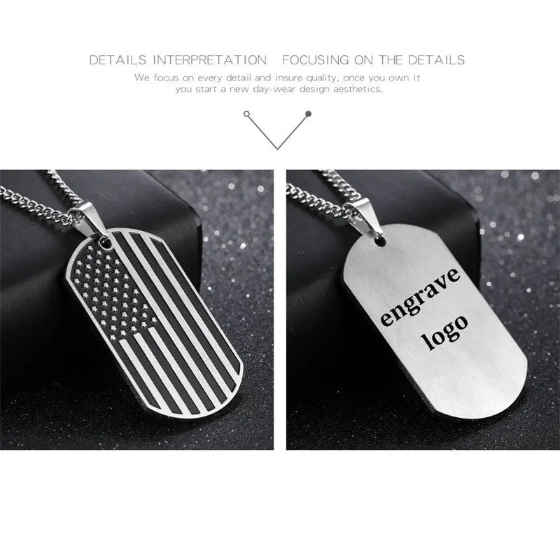 Azizbekkaoui Engrave Id Pendant Necklace American Flag Usa Patriot Freedom Stars And Stripes Dog Tag Stainless Steel Men Jewelry 1
