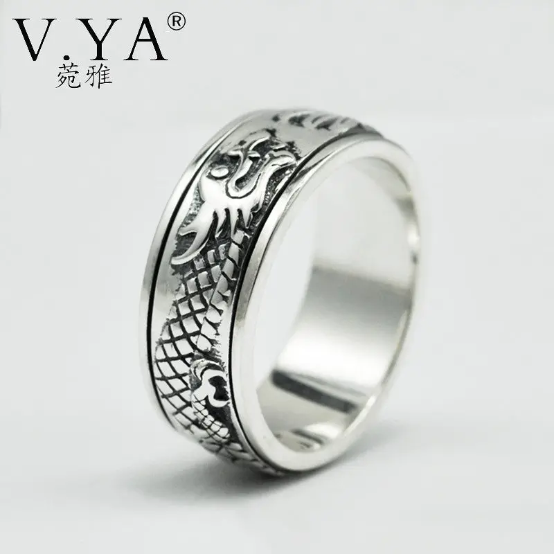 V.Ya 925 Sterling Silver Dragon Rings For Men Big Size 13 Punk Retro Thai Silver Rotatable Rings For Women Black Punk Jewelry 1