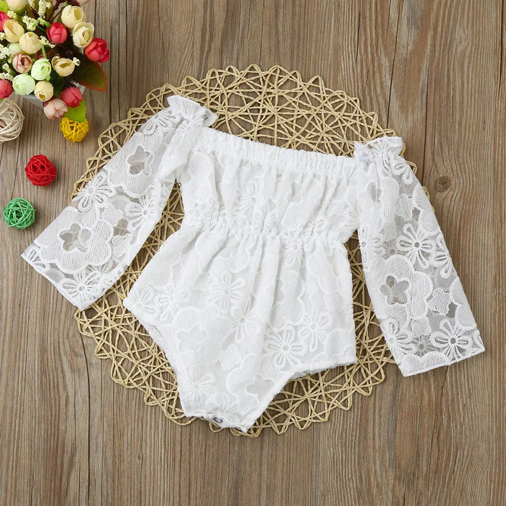 Baby Rompers White Newborn Infant Baby Girls Cute Lace Print Off Shoulder Princess Romper Baby Girls Clothes Drop Shipping 1