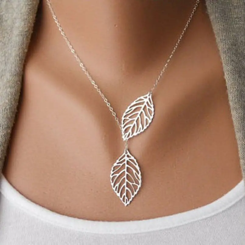 Susenstone 1Pc Womens Girls Simple Metal Double Leaf Pendant Alloy Choker Necklace 1
