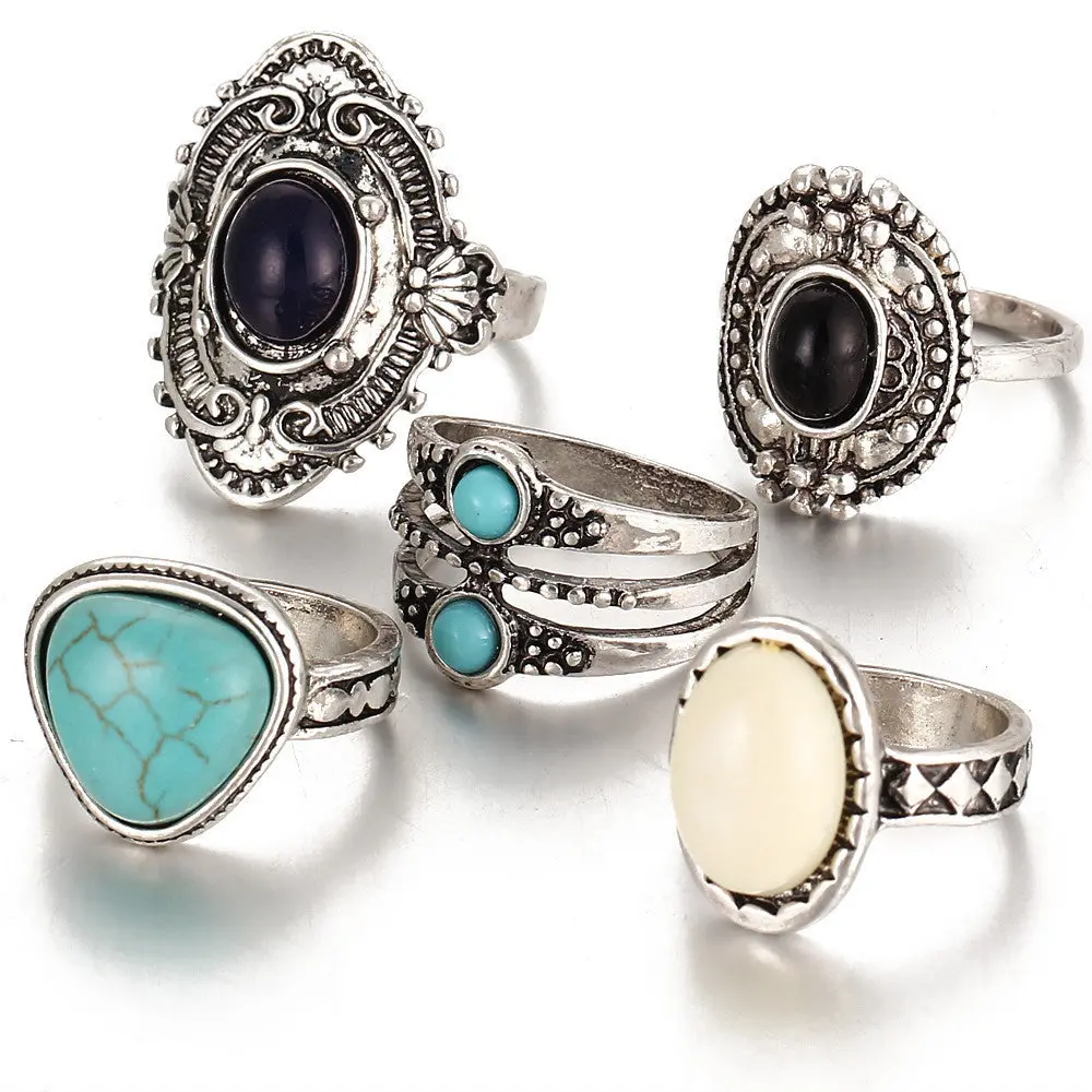 5 Pcs/Set Antique Silver Color Bohemian Midi Ring Set Vintage Steampunk Anillos Knuckle Rings For Women Boho Jewelry Dropship 30 1