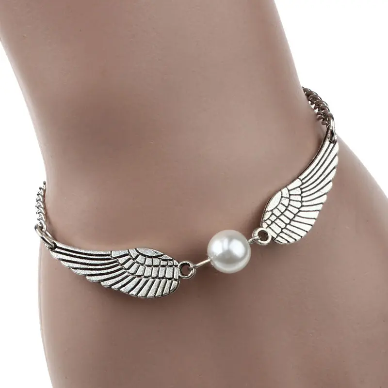 Silver Infinity Retro Pearl Angel Wings Jewelry Dove Peace Bracelet 1