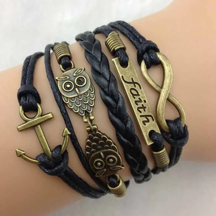 Rope Bracelets Wrap Bracelets Wholesale Bangle Vintage Braided Anchors Rudder Metal Leather Bracelet Multilayer 1