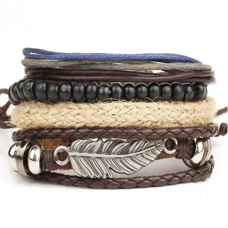 New Men's Braided Leather Stainless Steel Cuff Bangle Bracelet Wristband Multi - Layer Bracelet 1