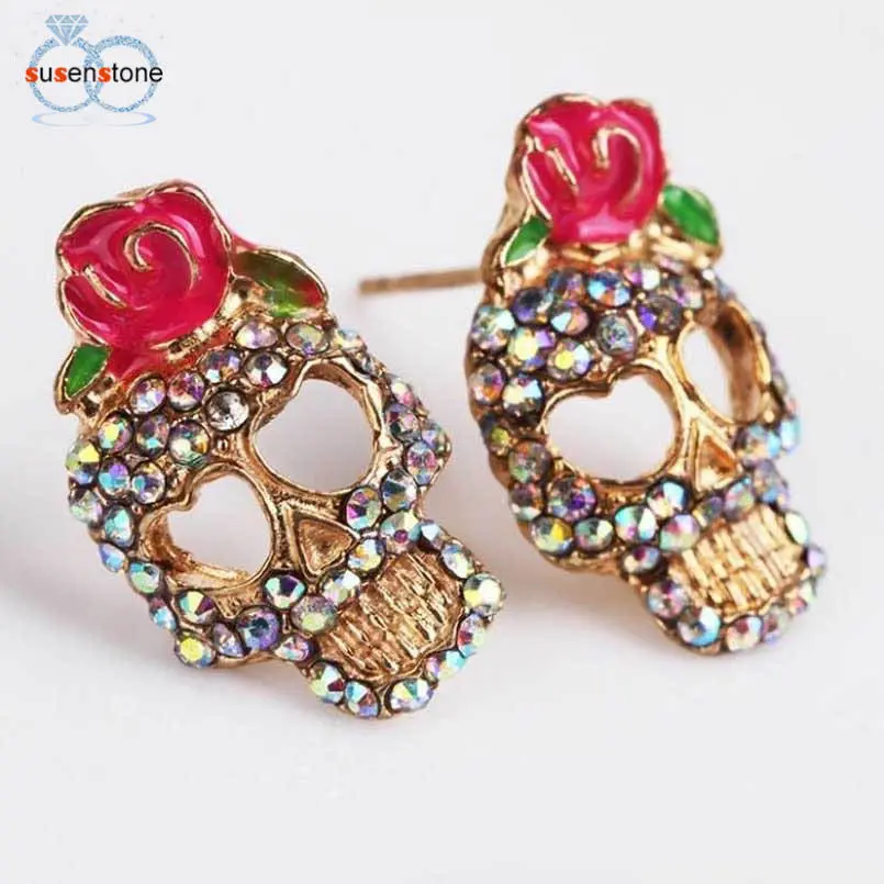 Susenstone Cute Pink Rose Rhinestone Skeleton Skull Ear Studs Earrings Jewelry 1