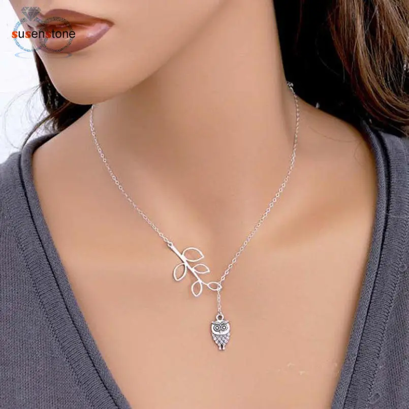 Susenstone Womens Girls Simple Little Owl Leaves Tassels Chian Alloy Necklace Sl 1