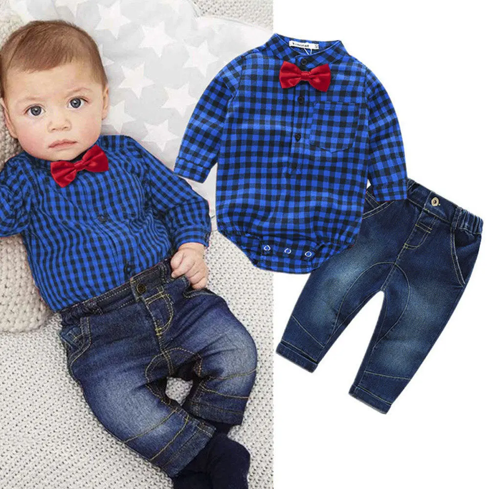 Baby Boys Clothing Set Plaid Rompers With Bowtie + Demin Pants 2017 Fashion Baby Boy Clothes Newborn Baby Clothes 1