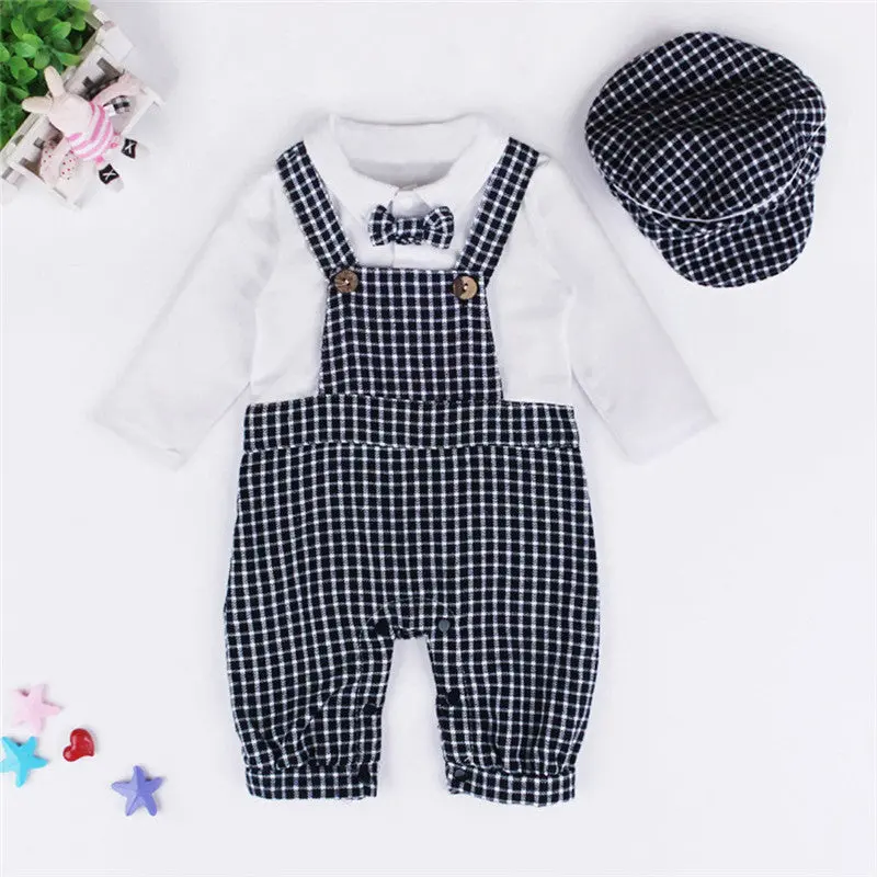 Newborn Rompers Jumpsuit Summer Baby Boys Lattice Gentleman Rompers+Cap Suits Sets Kids Clothes Outfits 1