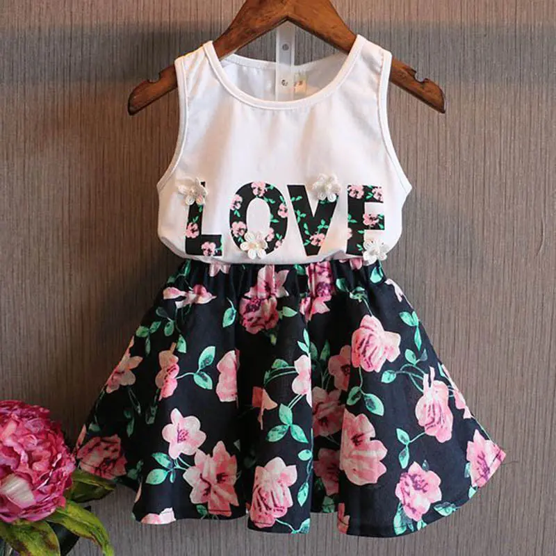 Girls Clothes School Skirts Flower Outfits 2Pcs Children Toddler Kids Baby T Shirt Tops Vest + Floral Skirt Love Letter Clothes 1