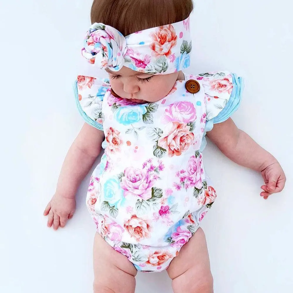 Newborn Baby Boutique Vintage Floral Romper Jumpsuit Girl Bloomer Ruffle Romper Kids Clothes Matched Headband 1