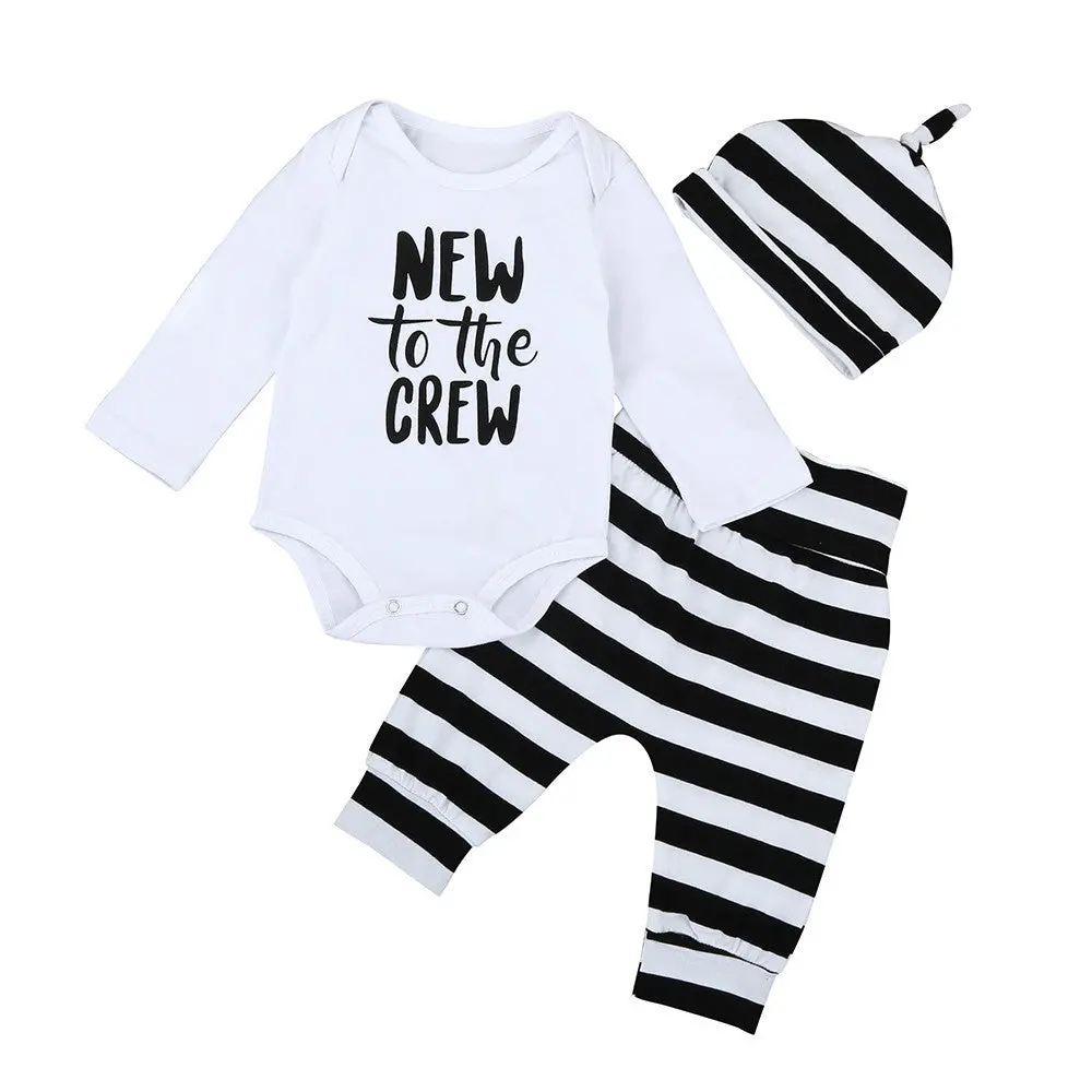 3Pcs Autumn Spring Newborn Baby Boys Girls Long Sleeve Letter Tops Romper+Striped Long Pants Hat Outfits Set Christmas Clothes 1