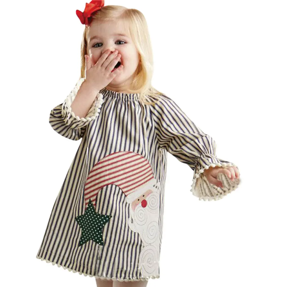 2017 New Christmas Santa Claus Kids Baby Girls Clothes Tops Tutu Dress Striped Princess Dress 1