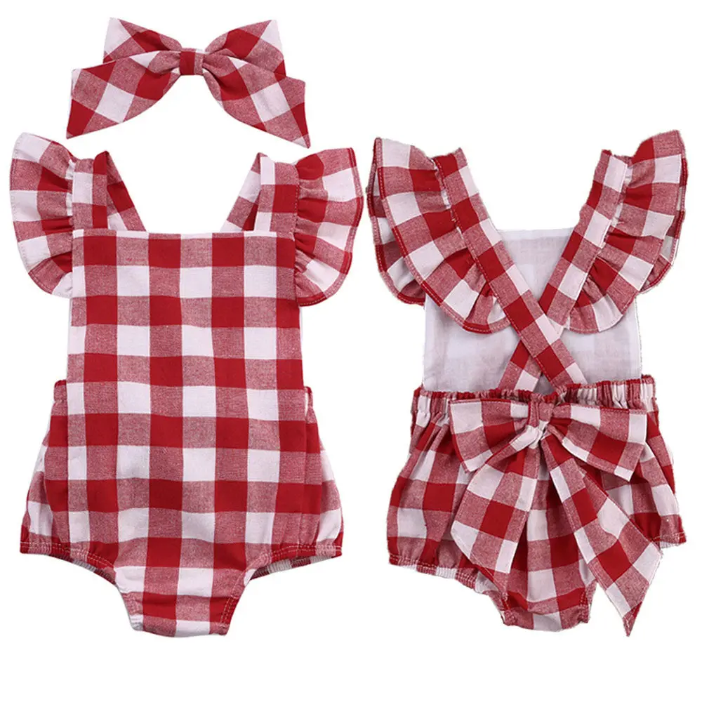 Baby Girl Clothes Rompers 2017 Summer Cute Kids Baby Plaid Rompers+Headscarf Set Newborn Toddler Jumpsuit Infantil Baby Costume 1