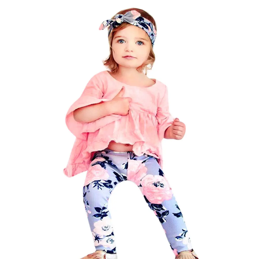 2Pcs Ruffle Long Sleeve Fold T-Shirt Floral Print Pants New 2017 Newborn Baby Girls Clothes Leggings 2Pcs Outfits Clothes Set 1