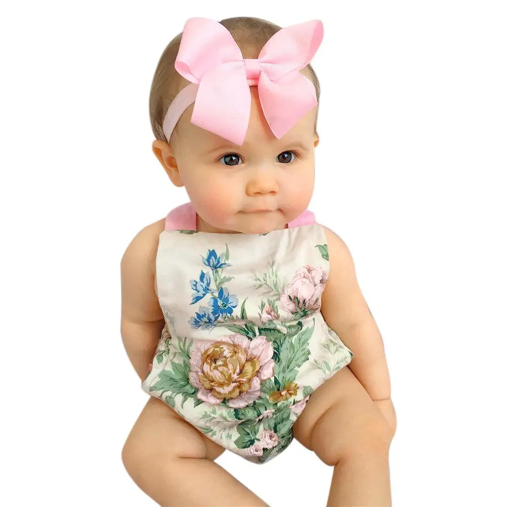 2Pcs/Set Baby Kids Girl's Sleeveless Floral Printed Playsuit Jumpsuit Rompers One-Pieces +Headband 1