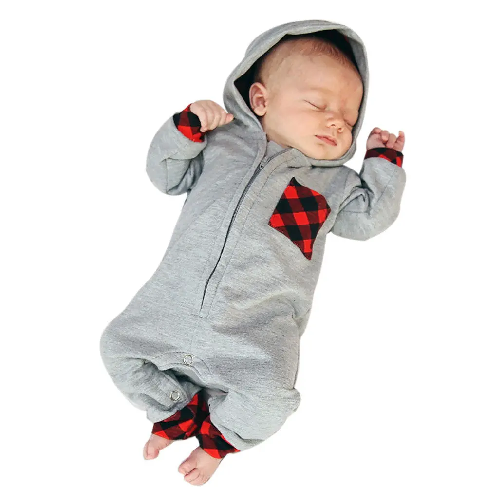 2017 New Fashion Newborn Baby Boy Girl Clothes Zipper Hooded Romper Gary Plaid Rompers Jumpsuit One Pieces Bebes Warm Suit 1