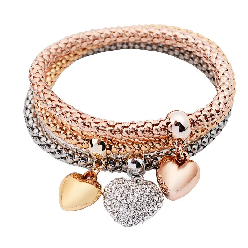 3Pcs Women Charm Pulseiras Heart Pendant Bracelet Fashion Multilayer Bracelet 1