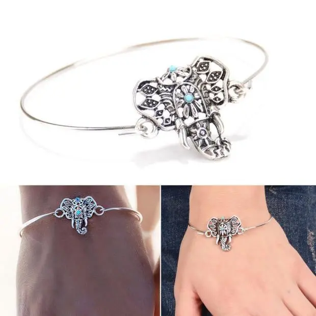 1Pc Retro Silver Turquoise Bead Elephant Hindu Ganesha Bracelet Bangle Cuff 1