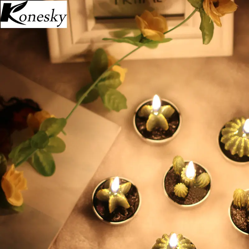 Konesky 6Pcs/Set Home Decor Rare Mini Cactus Candle Table Tea Night Light Home Garden Simulation Plant Candle Decorative 1