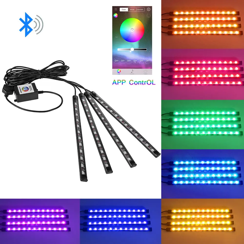 4Pcs Bluetooth Car Interior Usb Rgb Led Strip Light Phone App Control Flexible Atmosphere Lamp Kit Foot Lamp Decorative Voice/Music Control Timing For Android Ios 1