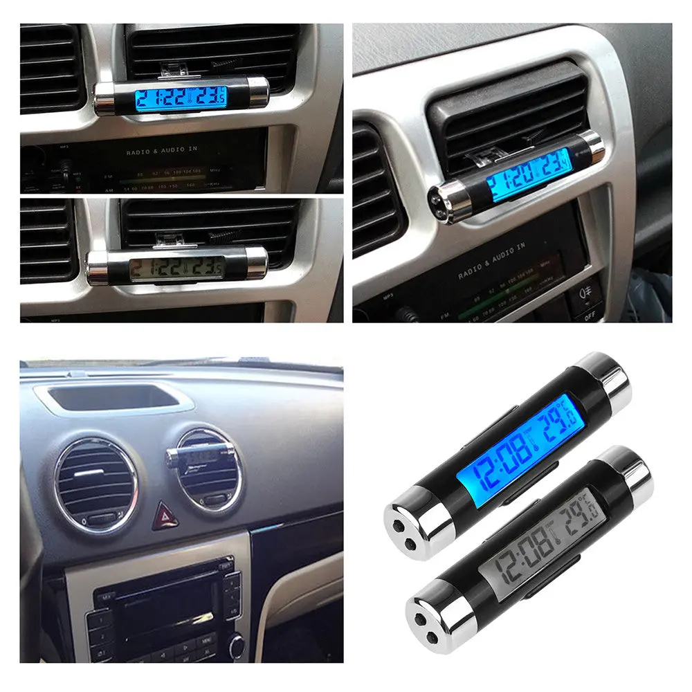 1Pcs Auto Black Car Clock  Air Vent Outlet Clip-On Voltage Digital Lcd Car Temperature Thermometer Alarm Clock 1