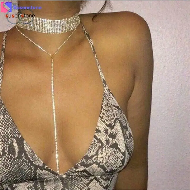 Susenstone Women Tassel Multilayer Full Crystal Rhinestone Necklace Elegant Chain 1