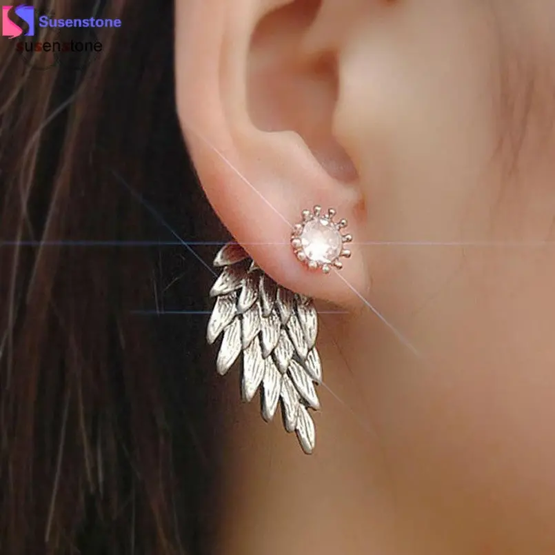 Susenstone Women's Cool Jewelry Angel Wings Rhinestone Alloy Earrings 1