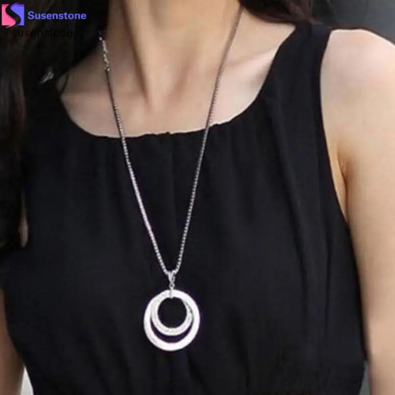 Susenstone Long Chain Women Fashion Crystal Rhinestone Silver Plated Pendant Necklace Gift 1