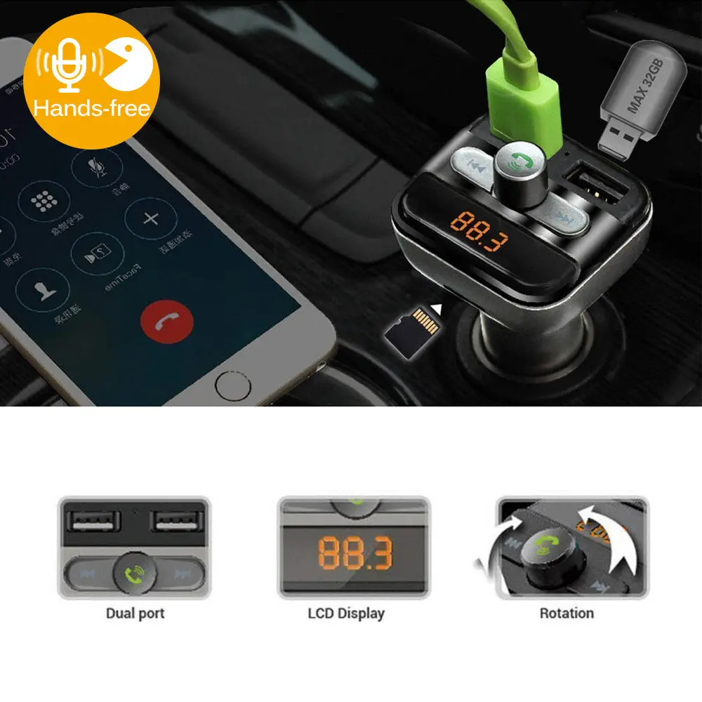 Bluetooth Car Kits Mp3 Player With Tf Card Slot 3.4A Dual Usb Port Car Chargers Fm Transmitters Handsfree Phone Calling 1