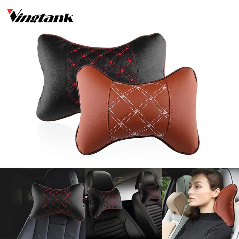 Pu Leather Car Neck Pillow Pad Embroidery Chair Headrest Seat Cushion Nap Pillow Automotive Occipital With Strap 1