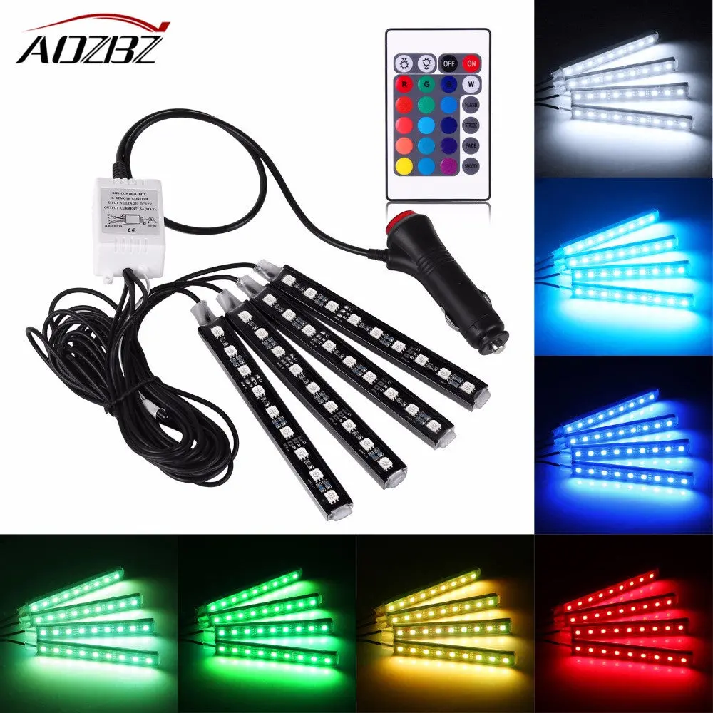 4Pcs Flexible Rgb Led Strip Light Multi Color Atmosphere Decorative Lamp Car Interior Light With Remote Control 1