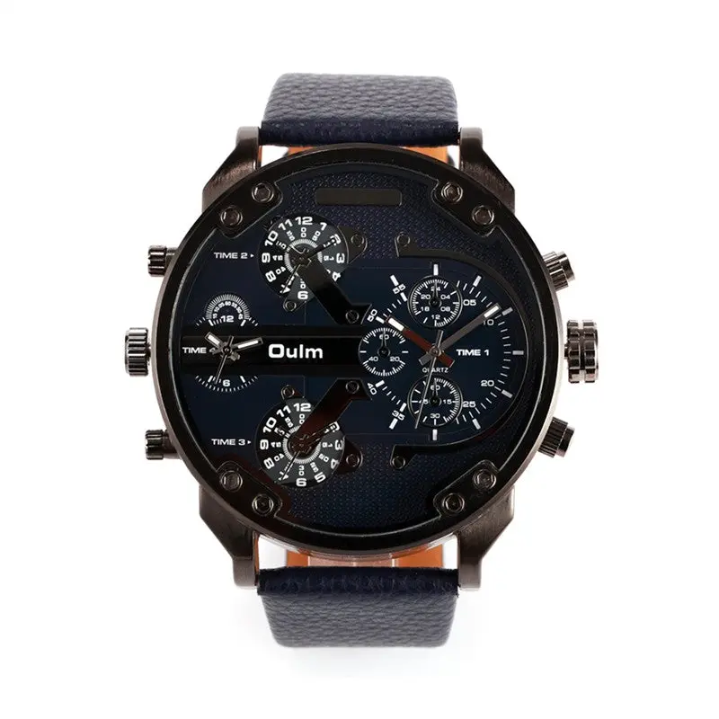 Oulm 3548 Men's Boys Big Round Dial Dual Time Display Quartz Wrist Watch With Cloth Band 2